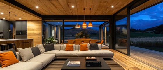 A photo of the modern living room in a New Zealand farmhouse. Large windows provide a view of the green fields and mountains at dusk. Created with Ai