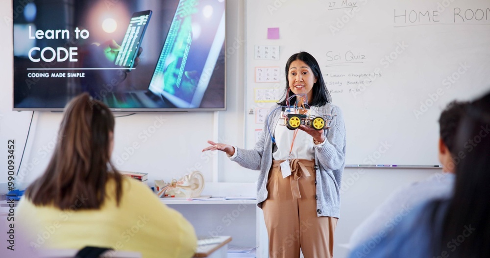 Poster Education, coding and lecture with teacher in classroom for learning, scholarship or tech bootcamp. Robotics, Ai development and future with people at STEM school for course, programming or academy