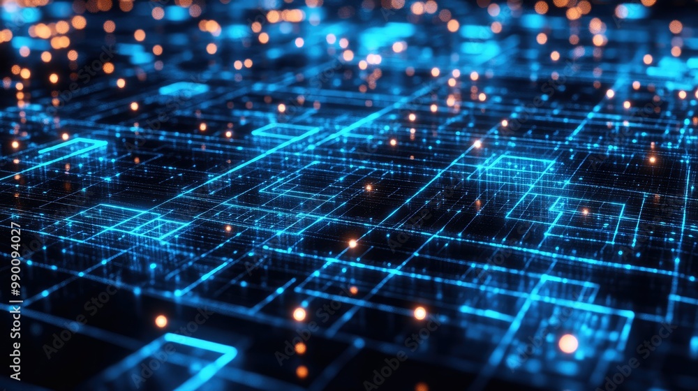 Poster technology concept with wireframe squares and glowing blue lines, forming a futuristic digital netwo