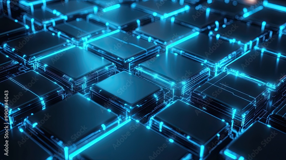 Poster technology concept with wireframe squares and glowing blue lines, forming a futuristic digital netwo