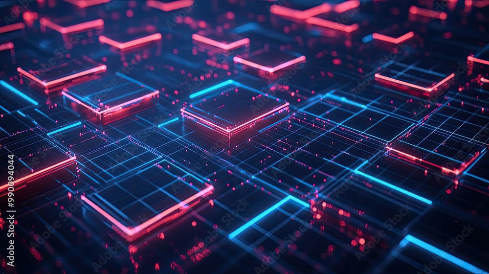 Poster technology concept with wireframe squares and glowing blue lines, forming a futuristic digital netwo