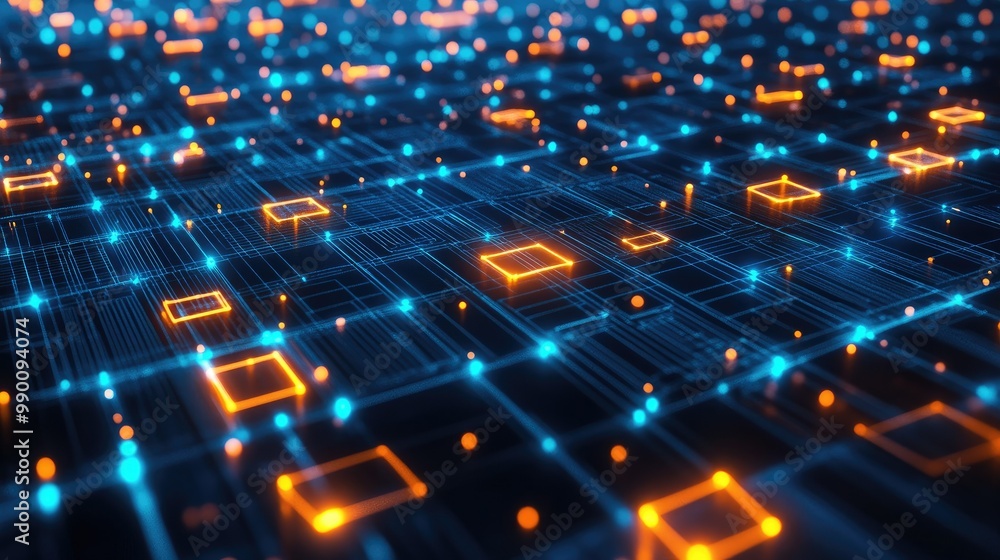 Poster technology concept with wireframe squares and glowing blue lines, forming a futuristic digital netwo