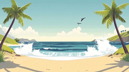 A vibrant cartoon illustration of a tropical beach with palm trees, white sand, and blue ocean water with crashing waves.