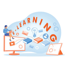 Women using e-learning applications on computers. Concept of learning with technology. E-learning concept. Flat vector illustration.