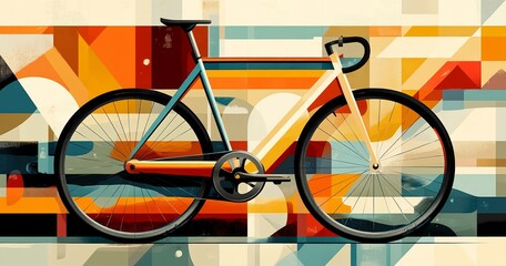 Fototapeta premium Abstract Geometric Art with Minimalist Bicycle on Colorful Shapes