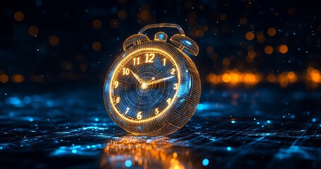 Futuristic Glowing Alarm Clock in Digital Neon Atmosphere