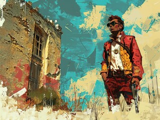 Fototapeta premium Man in Red Jacket with Gun Standing in Front of Abandoned Building