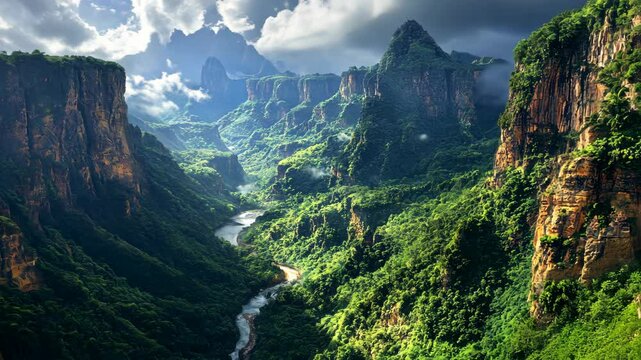A winding river flows through a lush green canyon in the Sumidero Canyon National Park in Chiapas, Mexico