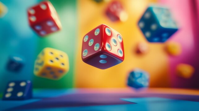 Group colorful dices flying air are different sizes dice suspended mid-air