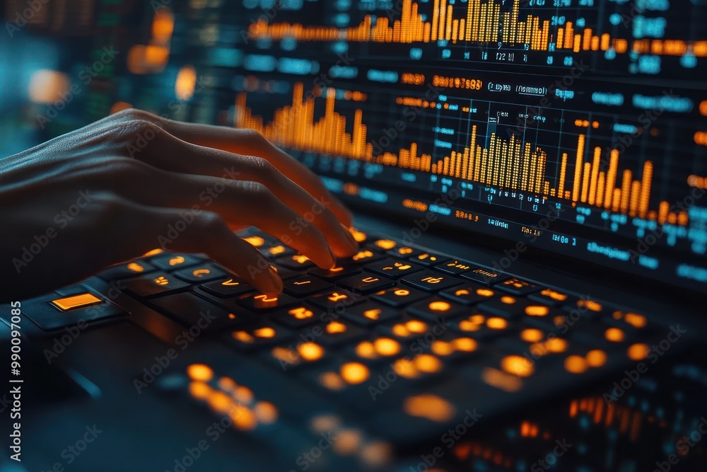 Aufkleber hands typing on a keyboard with stock market data on the screen