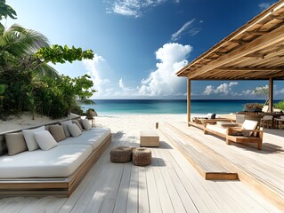 Obraz premium A minimalist beach resort with white sand, wooden decks, and simple, elegant furnishings