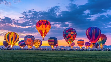 Vibrant hot air balloons glowing at twilight during the special evening events at the Albuquerque International Balloon Fiesta.