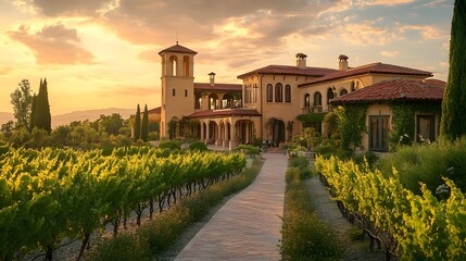 Fototapeta premium A resort in the heart of a vineyard, with elegant winetasting pavilions and Mediterranean inspired architecture