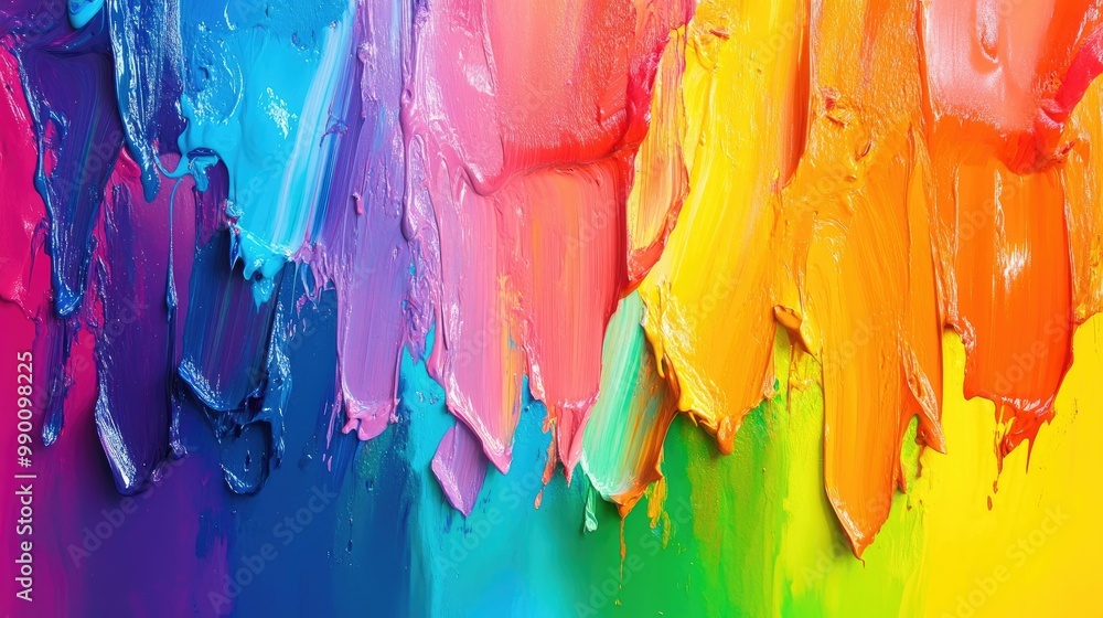 Poster vivid abstract art with rainbow-colored paint splatters over a smooth gradient background, creating 