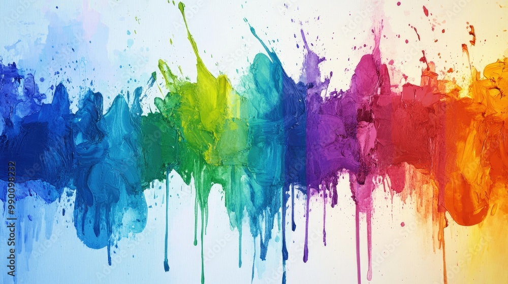 Poster vivid abstract art with rainbow-colored paint splatters over a smooth gradient background, creating 
