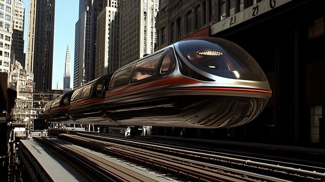 Futuristic Hyperloop Train Traveling Through Cityscape