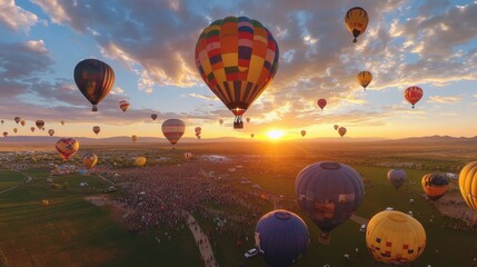 Fototapeta premium Wide-angle shot of balloonists preparing for the Mass Ascension at dawn at the Albuquerque International Balloon Fiesta.