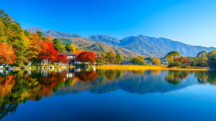 Naklejka premium 32素晴らしい自然風景の豊かな森と秋の紅葉 Gererated AI