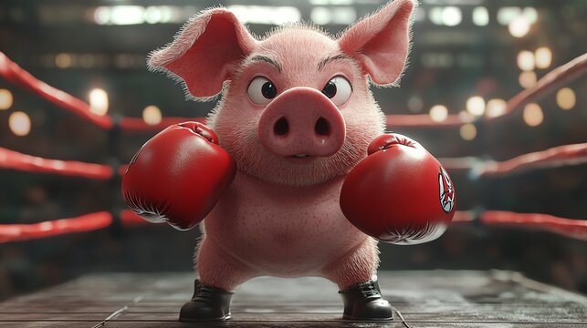 Pig boxer in gloves, throwing a punch in the ring, fierce and energetic, cartoon style