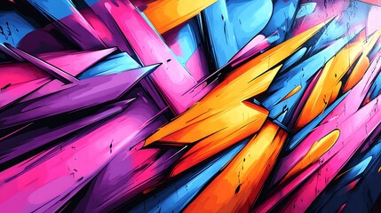 Blurred motion of graffiti lines and abstract shapes, neon colors streaking across a fast-paced urban scene, sharp angles and fluid forms blending in chaotic harmony,