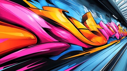 Blurred motion of graffiti lines and abstract shapes, neon colors streaking through the urban landscape, fluid forms and sharp edges creating a sense of dynamic movement,
