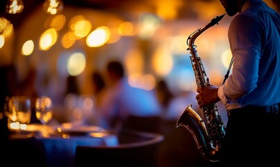 Fototapeta premium Man playing saxophone dimly lit restaurant He is A saxophonist