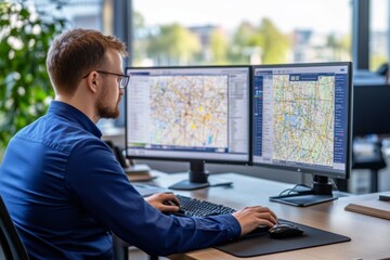 Man sitting desk office working two computer monitors A transport planner focuses