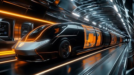 Fototapeta premium Futuristic Black Train with Orange Lights in Tunnel