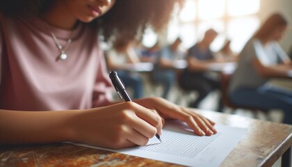 close up of student hand writing on paper with pen in an exam hall room, blur light
