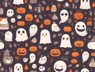 Charming Halloween Ghost and Pumpkin Pattern Vector Illustration &ndash; Perfect for Kids' Party Decorations, Invitations, and Themed Designs