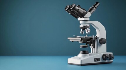 Fototapeta premium Microscope blue background is scientific instrument white body close up