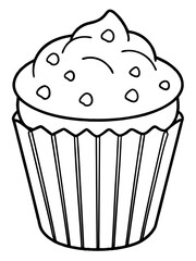 Cupcake with icing and sprinkles line art vector illustration 