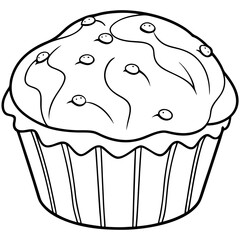 cupcake with icing and sprinkles line art vector illustration 
