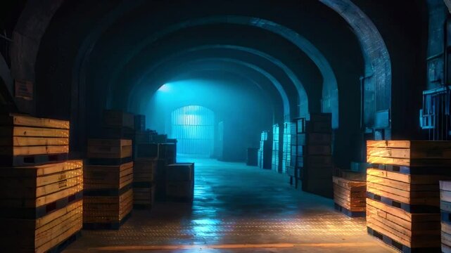 A dimly lit tunnel with wooden crates stacked on both sides, leading to a door with blue light shining through.