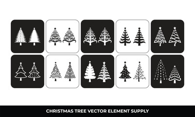 Twelve stylized Christmas tree designs in squares.