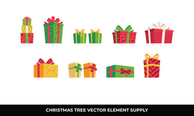 Nine Christmas presents with various wrapping paper and bows.