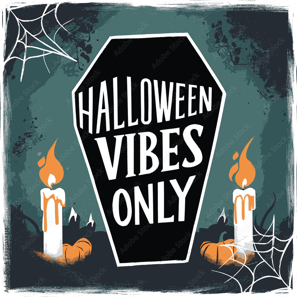 Aufkleber halloween vibes only: a spooky graphic design for autumn. a dark teal background features a black co