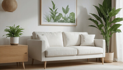 Home interior design characterized by an elegant living room featuring a comfortable sofa, mid mid century furniture, cozy, wooden floor, white walls, and home