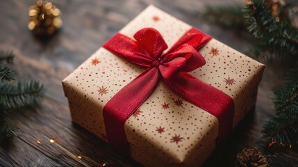Festively wrapped gift with red ribbon on rustic wooden table surrounded by holiday decorations during winter season