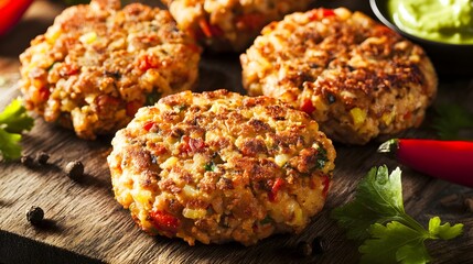 Close-up of four crispy, golden brown, seasoned,  fish cakes on a wooden board with red chili peppers, green parsley, and a bowl of green dip. © Hesti