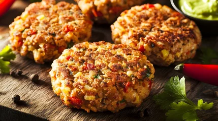 Close-up of four crispy, golden brown, seasoned,  fish cakes on a wooden board with red chili peppers, green parsley, and a bowl of green dip. © Hesti