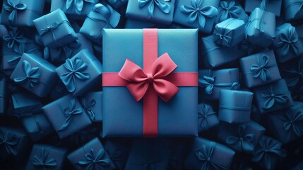 A collection of blue gift boxes with one prominently displayed wrapped in vibrant blue and pink against a backdrop of similar gifts