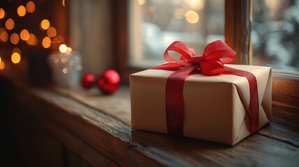 A beautifully wrapped gift with a red ribbon sits on a wooden windowsill during the holiday season with warm bokeh lights in the background