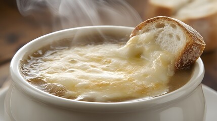 A steaming bowl of French onion soup topped with melted cheese and a toasted bread crouton.