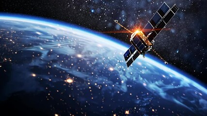 A satellite orbits Earth, with its solar panels deployed, against a backdrop of stars