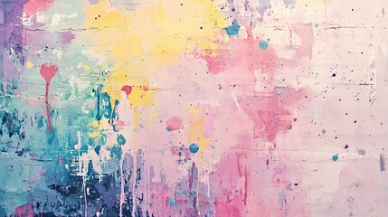 Graffiti wall with soft watercolor effects, vibrant splashes of pastel colors blending into abstract shapes