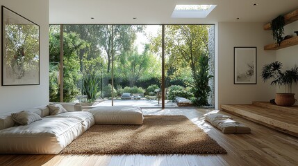 Bright, modern living room with minimalist decor and large windows overlooking a lush garden on a sunny day