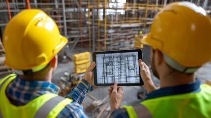 Two construction workers factory industrial setting They are Architects use augmented reality