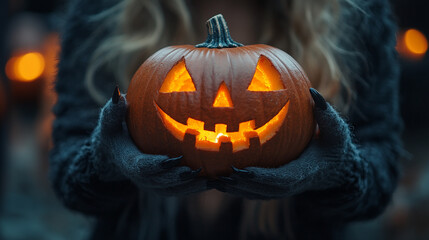 Naklejka premium A glowing Halloween pumpkin held by a person, showcasing a cheerful expression against a dark and spooky backdrop.