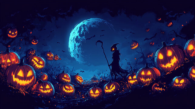 A mystical Halloween scene with glowing pumpkins and a shadowy figure against a full moon backdrop, evoking spooky autumn vibes.
